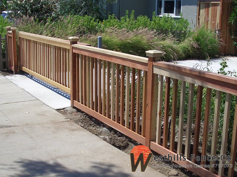 2x2 redwood picket fence with sliding gate